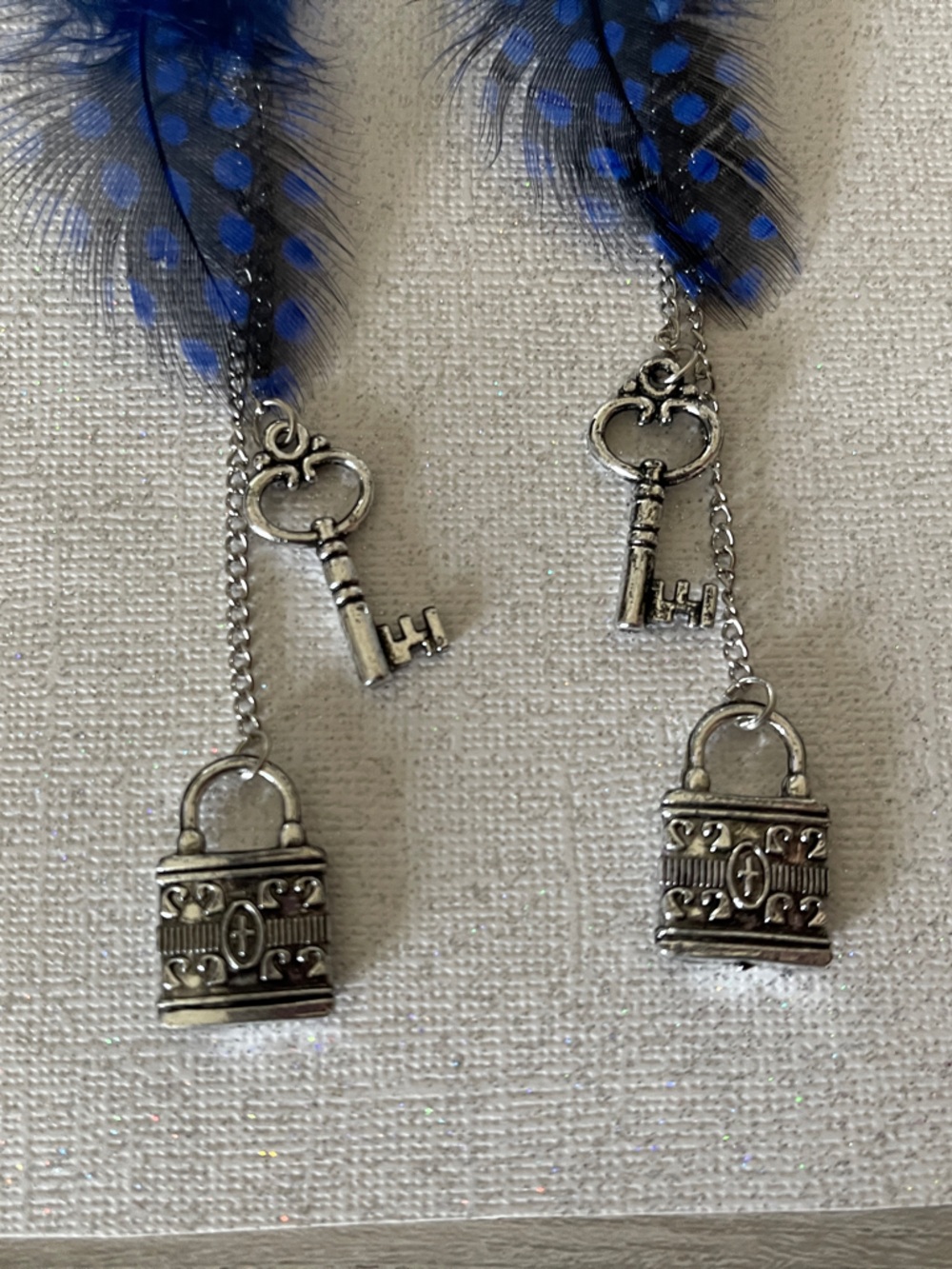 Blue Feather Antique Lock and Key Earrings - Picture 3 of 4